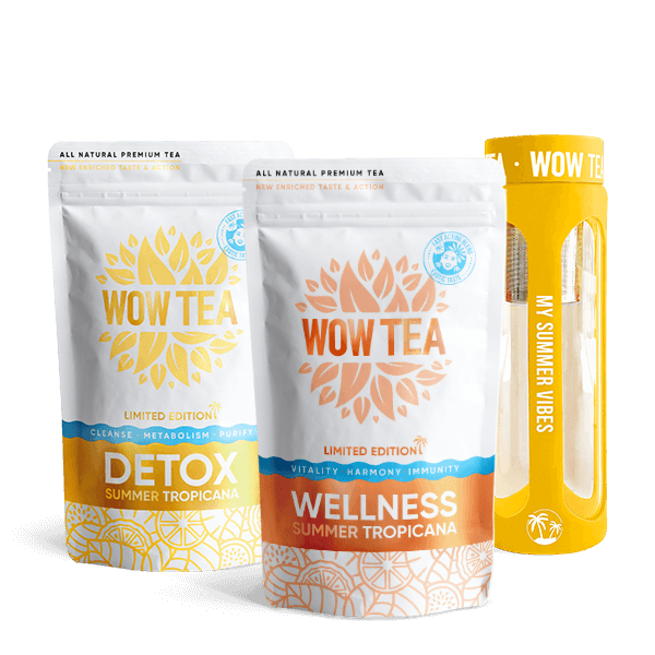 Summer Detox tea + Summer Wellness Tea + Gelbe Teeflasche