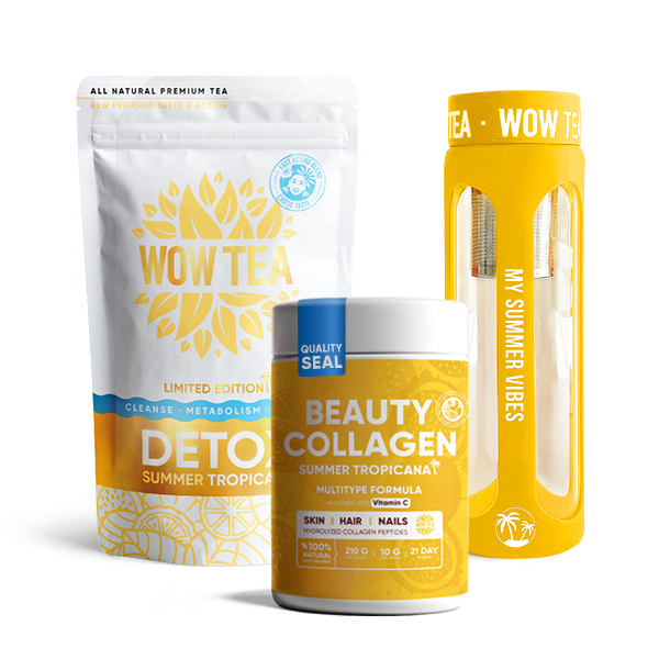 Summer Tropicana Detox Tee + Summer Tropicana Collagen + Teeflasche mit Sieb Gelbe