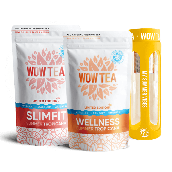 Summer SlimFit Tea + Summer Wellness Tea + Sticlă de ceai (Galbenă)